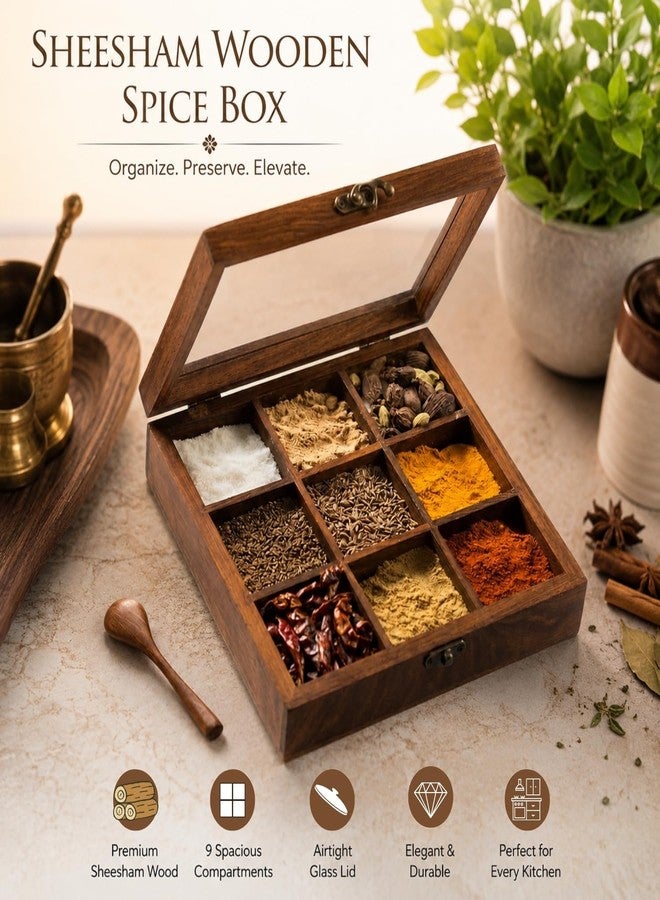 Ssanvi Sheesham Wooden Spice Box with Spoon (Non Removable Partitions, 50 ml, Brown) |Spice Box Wooden Namak Dani for Kitchen Wood Masala Box for Kitchen Wooden Masala Dabba Dani Container - Image 3