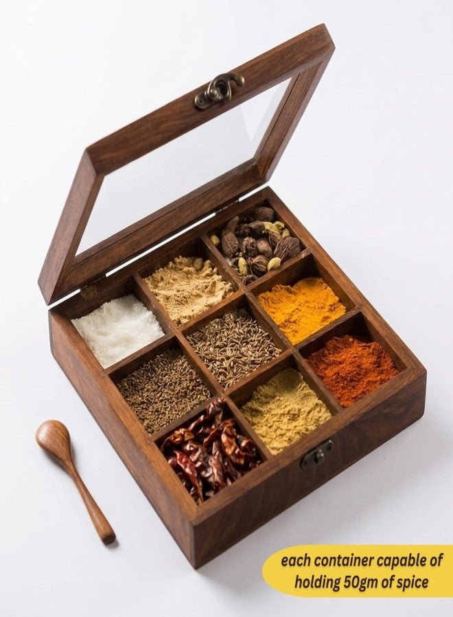 Ssanvi Sheesham Wooden Spice Box with Spoon (Non Removable Partitions, 50 ml, Brown) |Spice Box Wooden Namak Dani for Kitchen Wood Masala Box for Kitchen Wooden Masala Dabba Dani Container - Image 5