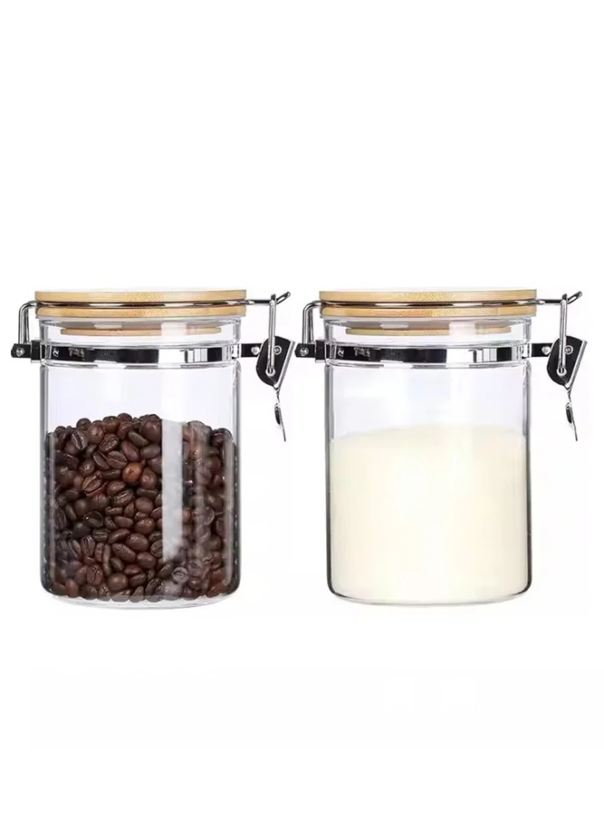 1Chase Borosilicate Glass Storage Jar With Clip and Airtight Bamboo Lid 750 ML (Set of 2)