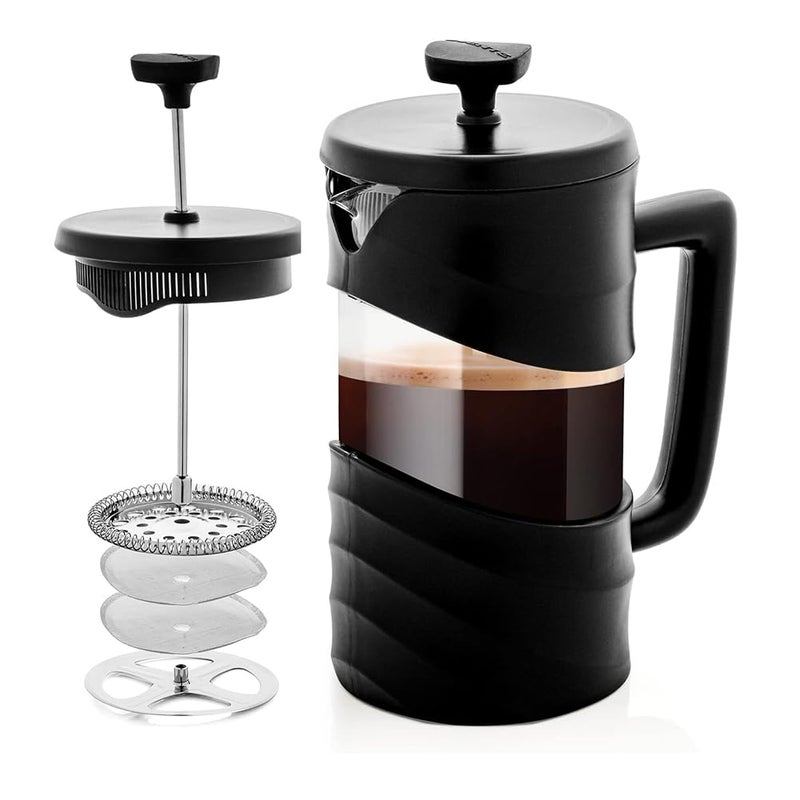 OVENTE French Press Coffee Maker 20 Ounce with Heat Resistant Borosilicate Glass & Stainless Steel 4-Level Filtration System, Portable Cold Brew Coffee Maker for Travel, Camping or Gift, Black FPW20B