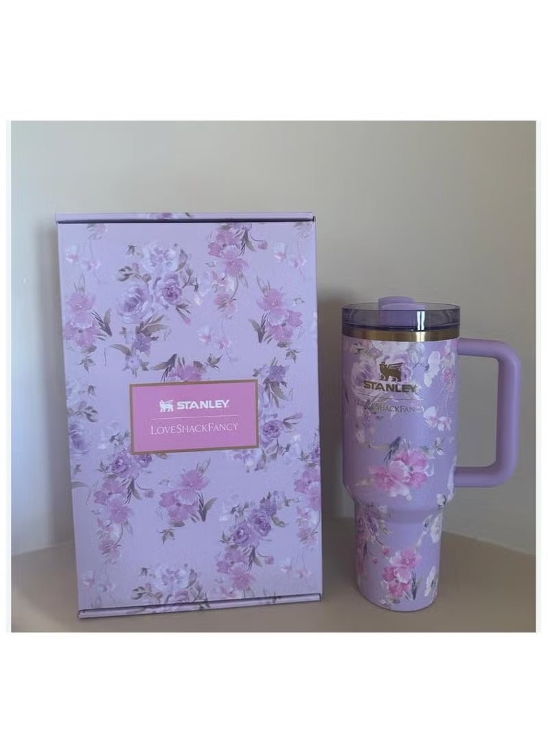 Stanley - Stanley Love Shack Fancy H2.0 Flow State 40oz  Tumbler, Stainless Steel Vacuum Insulated Quencher with Lid, Straw, and Stopper, Ideal for Water and Iced Tea, Keeps Drinks Cold, Presented in Elegant Gift-Ready Packagin purple - Image 1