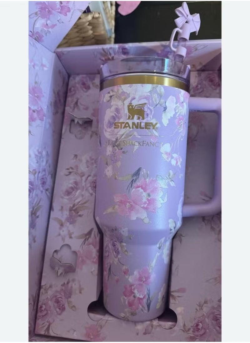 Stanley - Stanley Love Shack Fancy H2.0 Flow State 40oz  Tumbler, Stainless Steel Vacuum Insulated Quencher with Lid, Straw, and Stopper, Ideal for Water and Iced Tea, Keeps Drinks Cold, Presented in Elegant Gift-Ready Packagin purple - Image 1