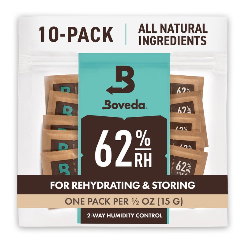 Boveda 62% Two-Way Humidity Control Packs For Storing ½ oz - Size 4 - 10 Pack - Moisture Absorbers for Small Storage Containers - Humidifier Packs - Hydration Packets in Resealable Bag - Image 1