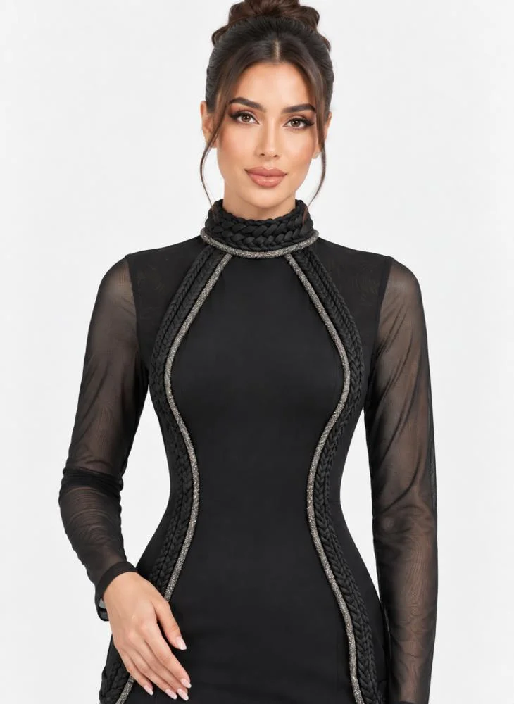 Opera Fashion Black Stretch Long Evening Dress with Sheer Sleeves