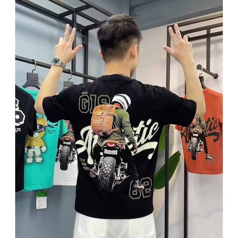 2023 new American retro motorcycle pattern printing couple short sleeve ins fashion brand loose summer half sleeve - Image 1