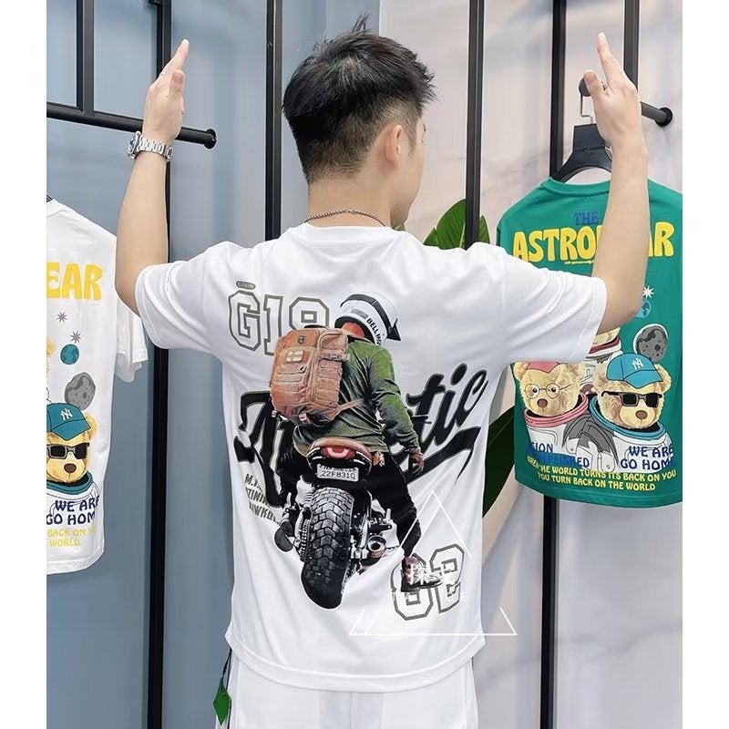 2023 new American retro motorcycle pattern printing couple short sleeve ins fashion brand loose summer half sleeve - Image 2