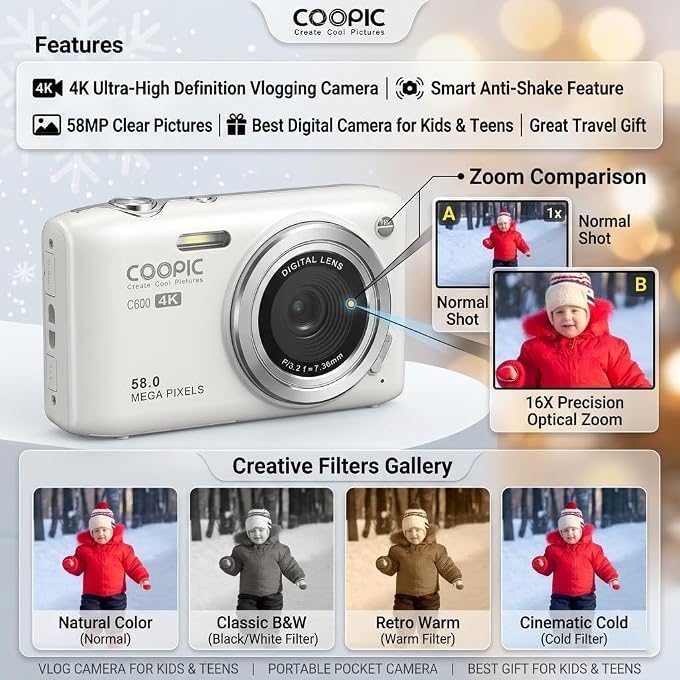 Coopic 58MP Digital Camera 4K Video, C600 Autofocus Point and Shoot Camera with Anti-Shake for Vlogging, Travel, Includes 32GB Card, Gift for Teens Boys Girls Beginners - Image 3