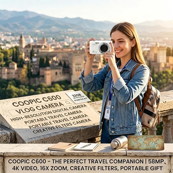 Coopic 58MP Digital Camera 4K Video, C600 Autofocus Point and Shoot Camera with Anti-Shake for Vlogging, Travel, Includes 32GB Card, Gift for Teens Boys Girls Beginners - Image 2