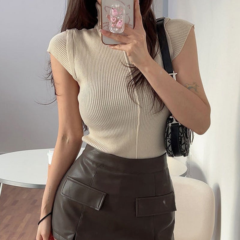 South Korea Dongdaemun New Retention Recommend Feminine Figure Strand Decorative High Neck Knitted Base T-Shirt - Image 2