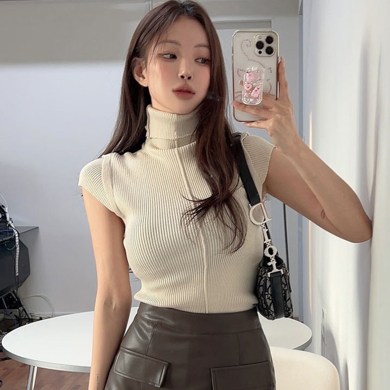 South Korea Dongdaemun New Retention Recommend Feminine Figure Strand Decorative High Neck Knitted Base T-Shirt - Image 4