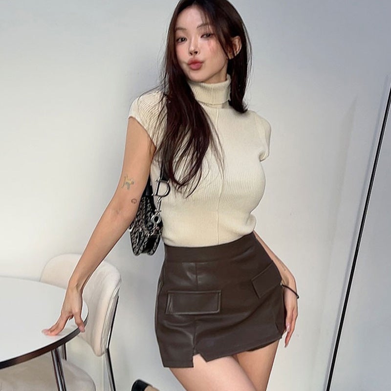 South Korea Dongdaemun New Retention Recommend Feminine Figure Strand Decorative High Neck Knitted Base T-Shirt - Image 5
