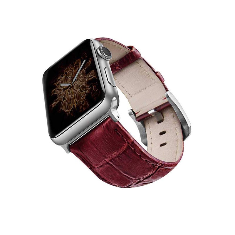 Viva Madrid Genuine Top-Grain Leather Strap for Apple Watch (42mm/44mm) – Red/Silver Crox Wine Premium Replacement Band - Image 2