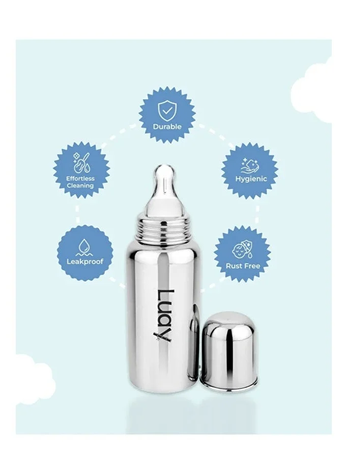 Luay Bottle with Blue Bib Stainless Steel Feeding Bottle with Silicone Nipple and Soft Cotton Waterproof Blue Bib Set for Newborn  | Best Price UAE