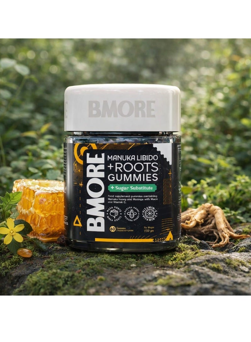 BMORE Manuka + Roots Gummies with Manuka Honey, Maca Root, Moringa & Vitamin C   | Strawberry Flavor 60 Gummies - Image 1