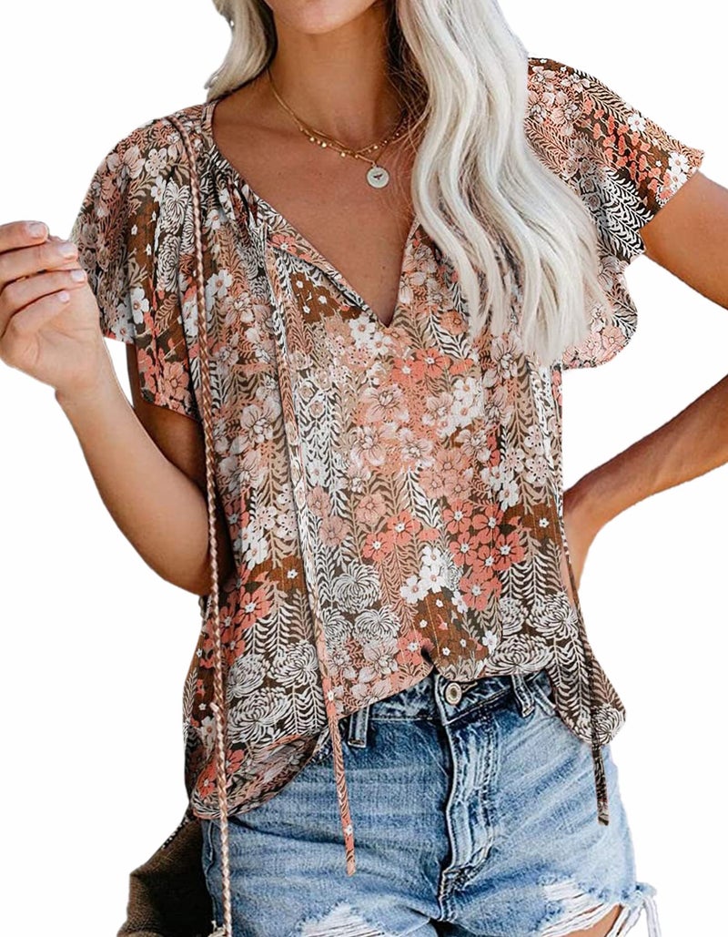 SimpleFun Summer Clothes for Women Vacation Tops Chiffon V Neck Boho Flower Shirts (A-Khaki,XL) - Image 1