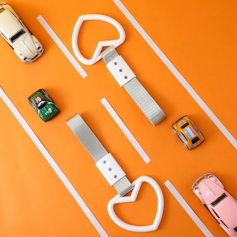 BBTO 2 Pieces Rings Heart Shaped Car Handle Straps Drift Charm Rear Bumper Warning Ring Decor Subway Bus Broken Heart Handle for Car Interior(White with Silver Rope) - Image 4