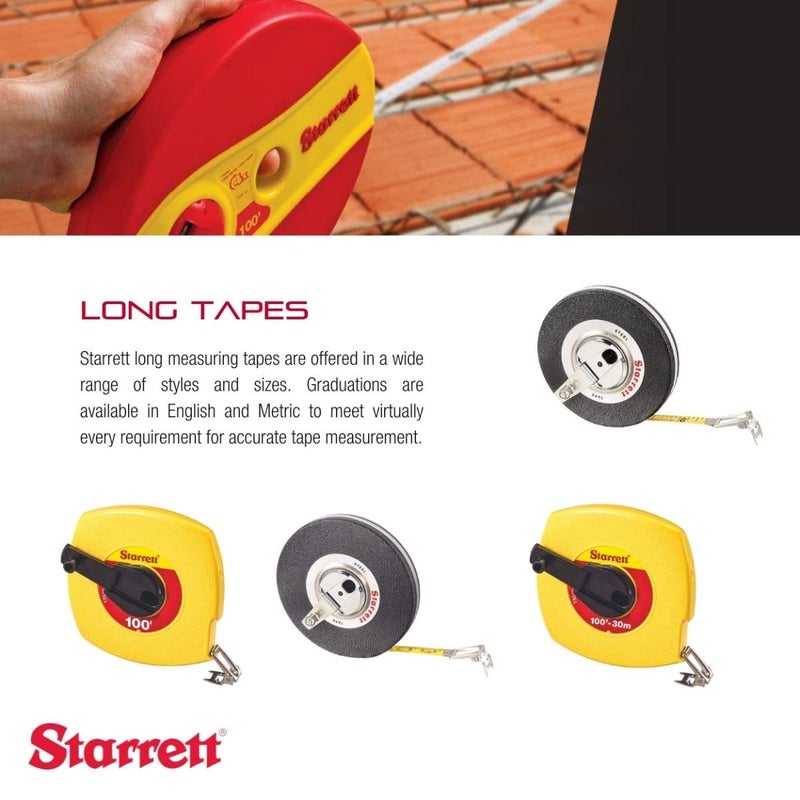 Starrett Retractable Imperial Long Line Tape with ABS Plastic Case and Folding Hook Ring - 100' Length, 3/8" Width, 1/8" Graduation, L1 Graduation Style Number - KTS510-100-N - Image 3