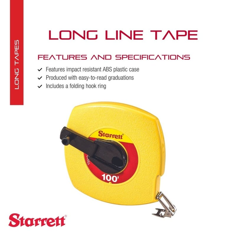 Starrett Retractable Imperial Long Line Tape with ABS Plastic Case and Folding Hook Ring - 100' Length, 3/8" Width, 1/8" Graduation, L1 Graduation Style Number - KTS510-100-N - Image 2