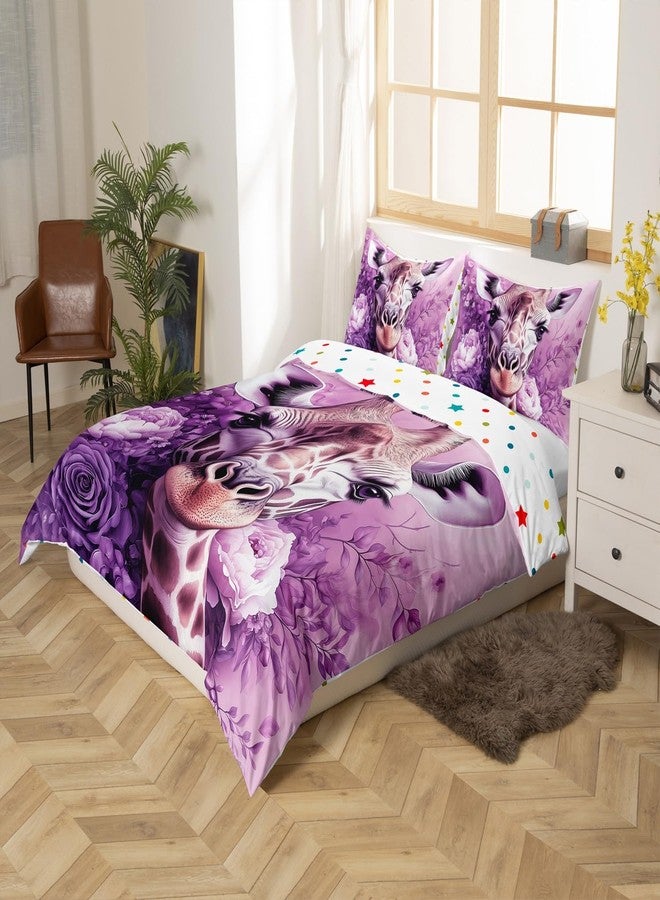 Man Fei Manfei Wildlife Giraffe Bedding Set Queen Size,Dreamy Purple Flowers Duvet Cover 3pcs for Kids Boys Room Decor,African Safari Animals Comforter Cover,Botanical Plants Quilt Cover,Not Comforter - Image 5
