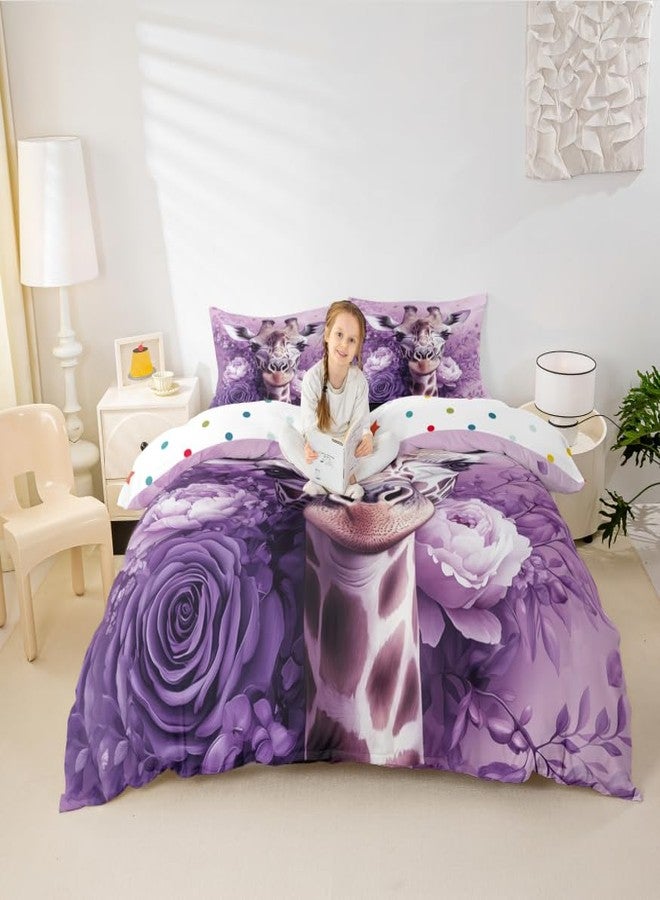 Man Fei Manfei Wildlife Giraffe Bedding Set Queen Size,Dreamy Purple Flowers Duvet Cover 3pcs for Kids Boys Room Decor,African Safari Animals Comforter Cover,Botanical Plants Quilt Cover,Not Comforter - Image 1
