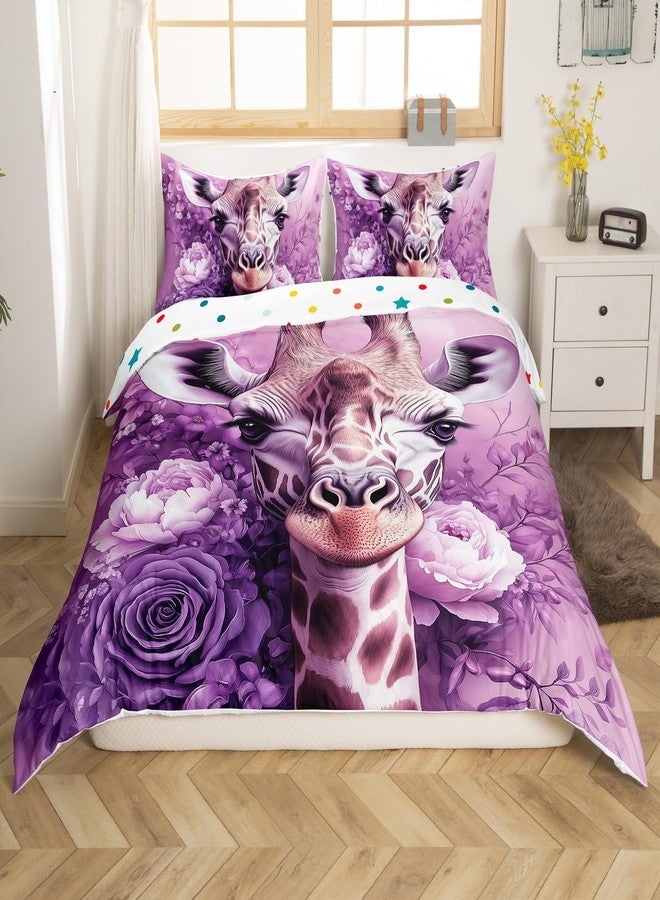 Man Fei Manfei Wildlife Giraffe Bedding Set Queen Size,Dreamy Purple Flowers Duvet Cover 3pcs for Kids Boys Room Decor,African Safari Animals Comforter Cover,Botanical Plants Quilt Cover,Not Comforter - Image 4