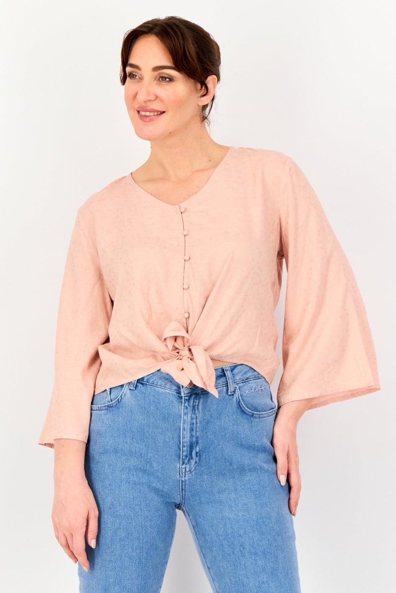 JDY Women V  Neck Long Sleeve Solid Blouse, Dusty Pink - Image 1