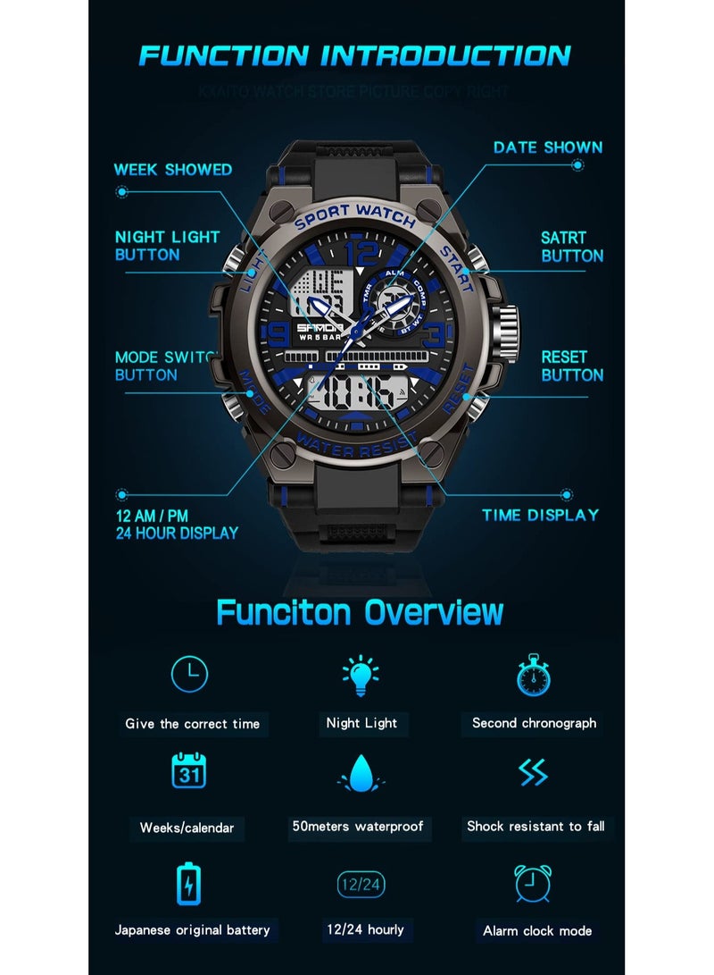 ساندا ساعة ساندا للرجال رياضية خارجية مقاومة للماء وتاريخ وتكتيكات متعددة الوظائف ومنبه LED وساعة توقيت - Image 5