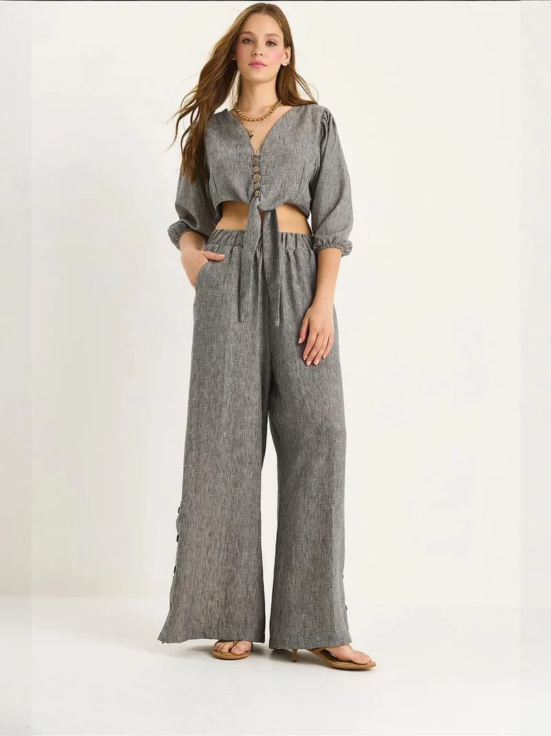 Bianco Lucci LUCCI Textured V-Neck Long Sleeve Two-Piece Coord Set