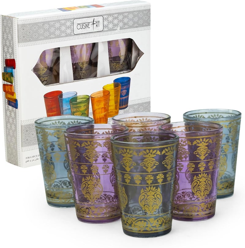 Cuisine Art Huda Deco Moroccan Glass Set, 6 Pieces - Traditional Moroccan Tea Glasses for Mint Tea, Water & Juice – Handcrafted Arabic Style Glassware for Home, Dining & Gifting (Multicolor) - Image 1