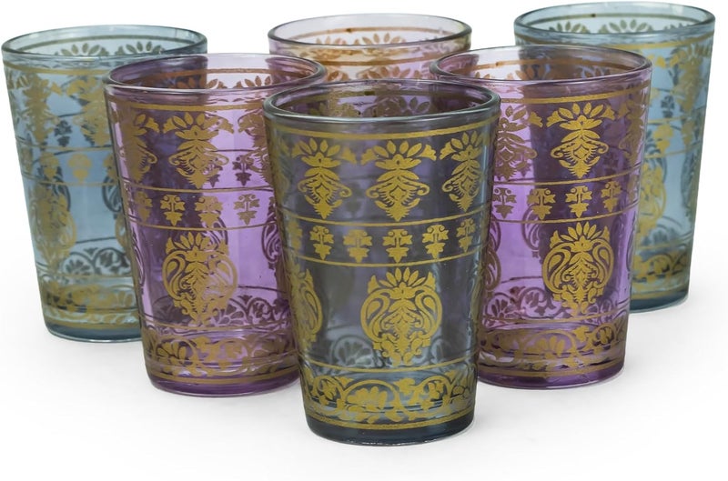 Cuisine Art Huda Deco Moroccan Glass Set, 6 Pieces - Traditional Moroccan Tea Glasses for Mint Tea, Water & Juice – Handcrafted Arabic Style Glassware for Home, Dining & Gifting (Multicolor) - Image 2