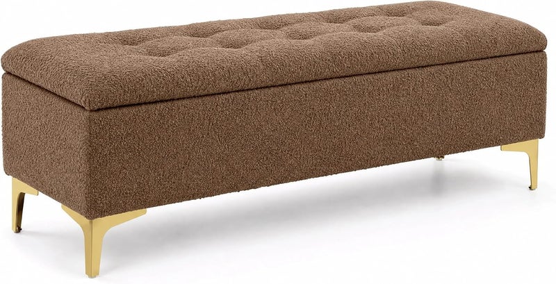 Modern Upholstered Boucle Storage Ottoman Bench with Golden Metal Legs - Luxury Teddy Fabric Sofa Seat for Bedroom, Living Room, Entryway (Brown) - Image 1