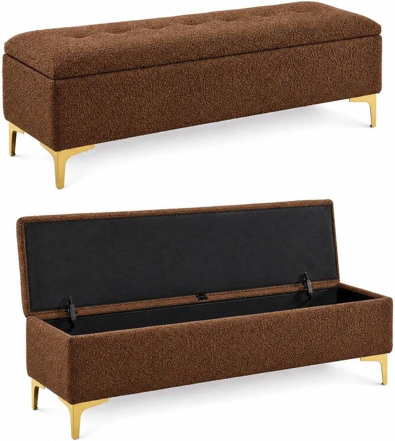 Modern Upholstered Boucle Storage Ottoman Bench with Golden Metal Legs - Luxury Teddy Fabric Sofa Seat for Bedroom, Living Room, Entryway (Brown) - Image 5