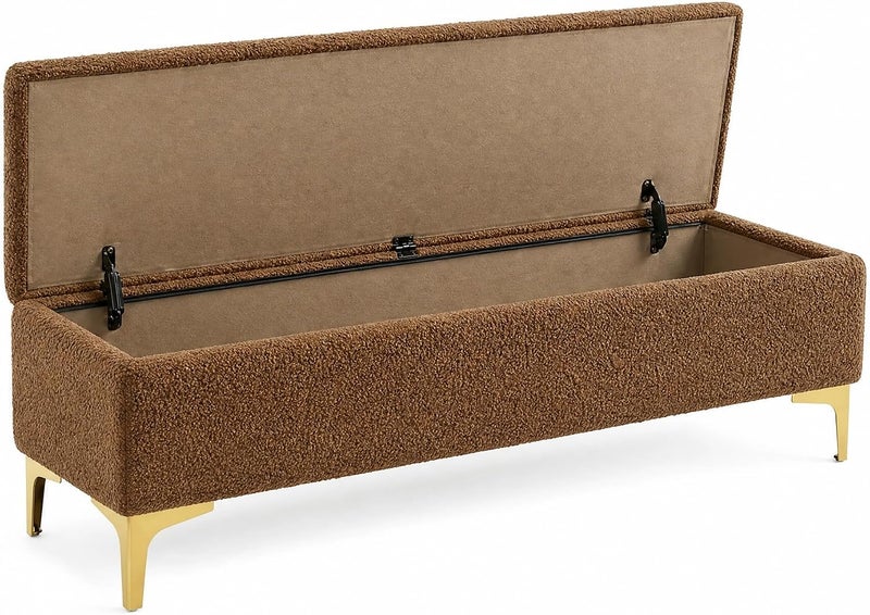 Modern Upholstered Boucle Storage Ottoman Bench with Golden Metal Legs - Luxury Teddy Fabric Sofa Seat for Bedroom, Living Room, Entryway (Brown) - Image 4