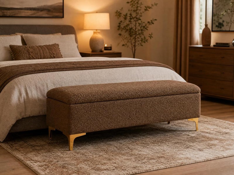 Modern Upholstered Boucle Storage Ottoman Bench with Golden Metal Legs - Luxury Teddy Fabric Sofa Seat for Bedroom, Living Room, Entryway (Brown) - Image 2