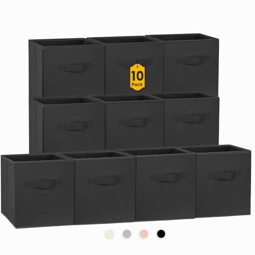 Criusia Storage Cubes, 11 Inch Clothes Storage Bins for Shelves Closet (10 Pack), Fabric Collapsible Storage Bins with Dual Handles, Cubby Storage Baskets Boxes, College Dorm Room Essentials (Black) - Image 1