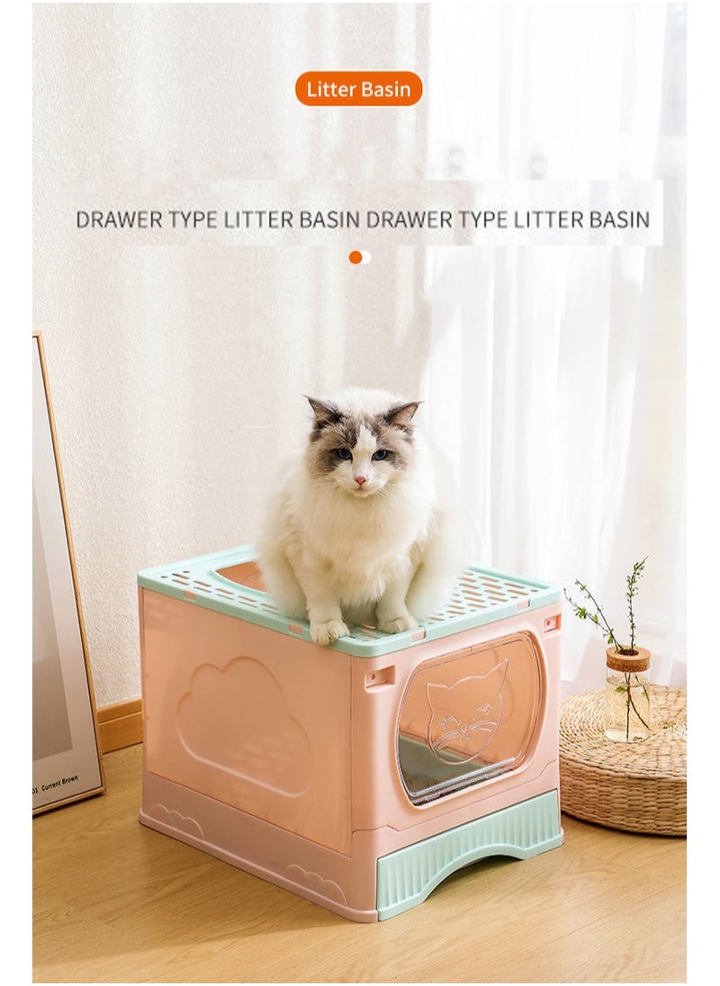 GT-Wheel - Large Foldable Cat Litter Box with Lid and Kitty Litter Scoop Drawer Front Entry & Top Exit Covered Kitten Box - Image 1