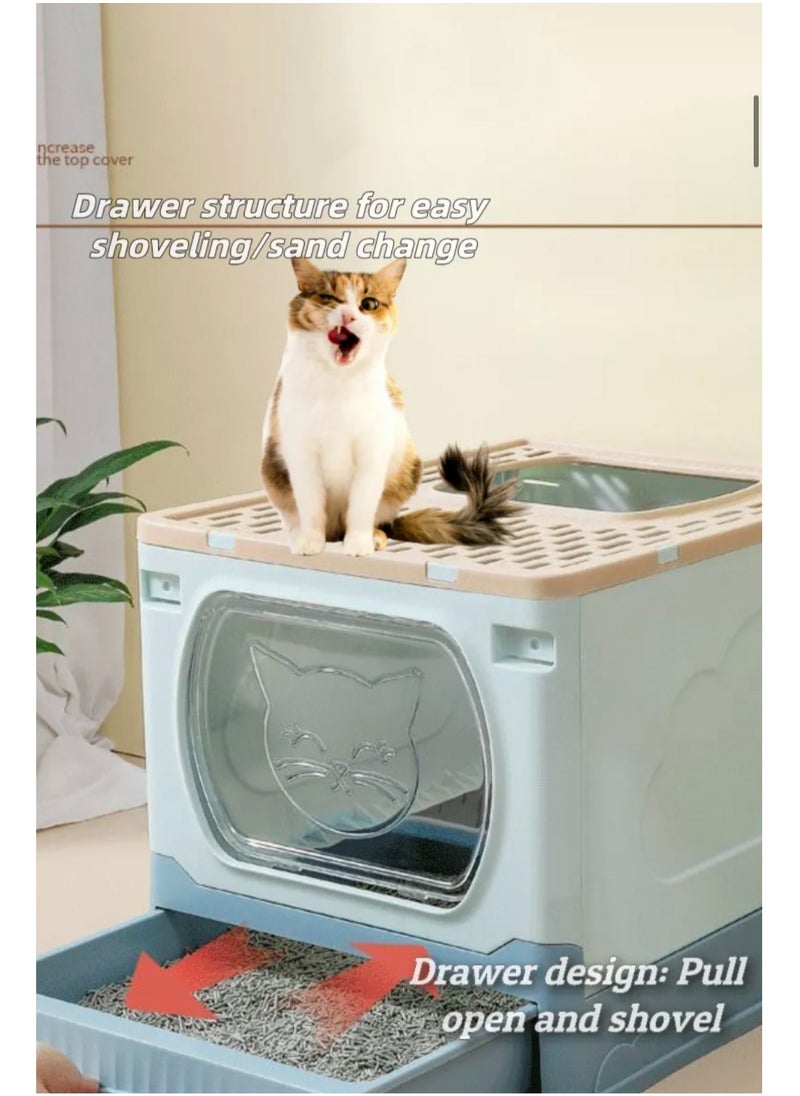 GT-Wheel - Large Foldable Cat Litter Box with Lid and Kitty Litter Scoop Drawer Front Entry & Top Exit Covered Kitten Box - Image 1