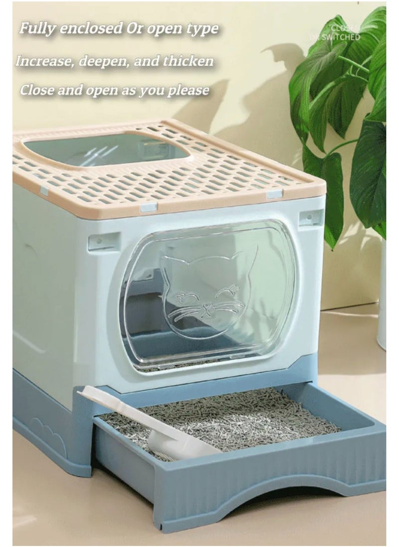 GT-Wheel - Large Foldable Cat Litter Box with Lid and Kitty Litter Scoop Drawer Front Entry & Top Exit Covered Kitten Box - Image 1