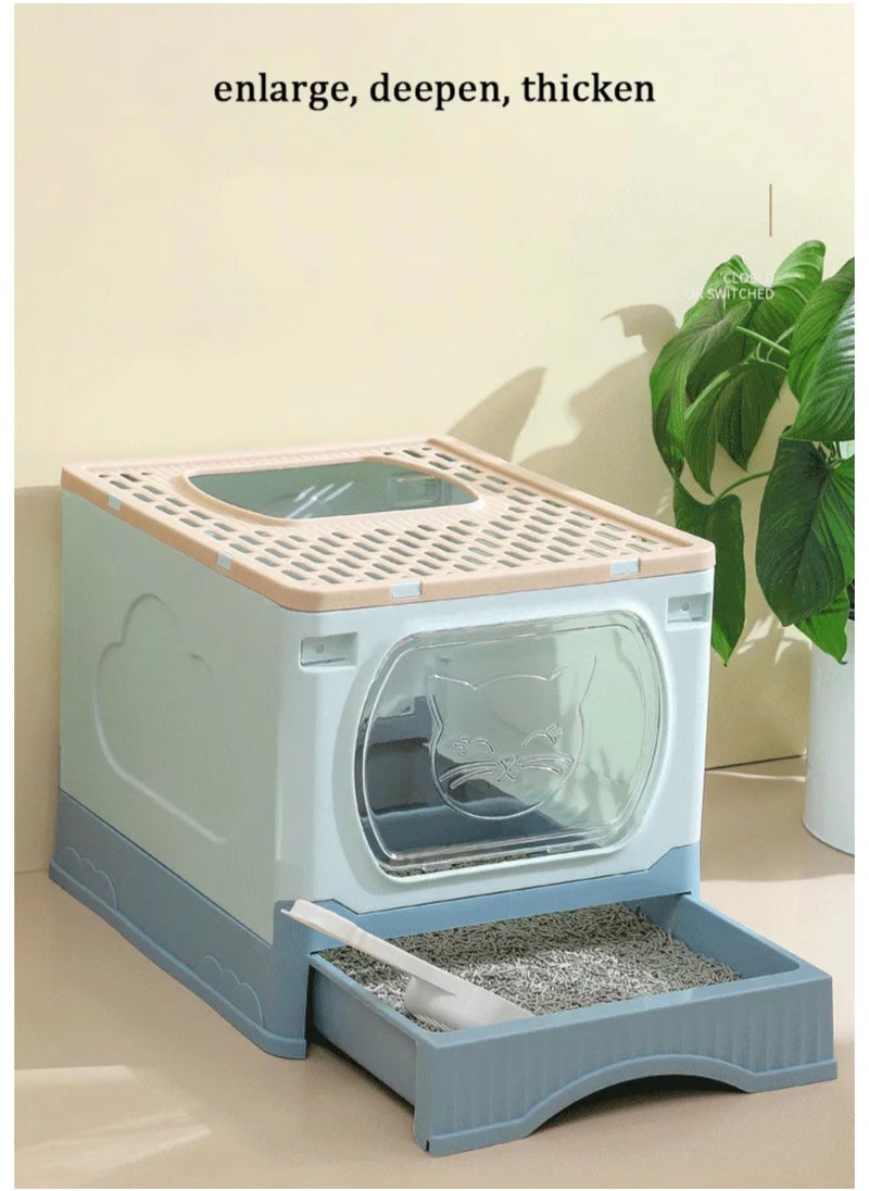 GT-Wheel - Large Foldable Cat Litter Box with Lid and Kitty Litter Scoop Drawer Front Entry & Top Exit Covered Kitten Box - Image 1