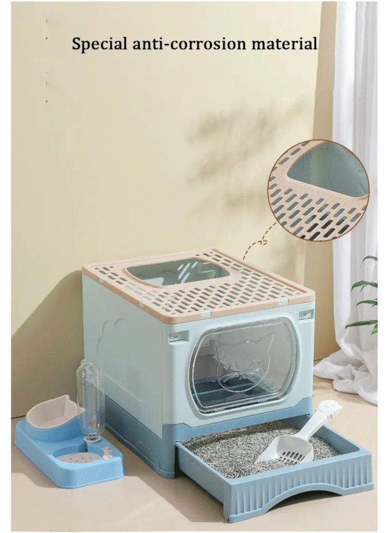 GT-Wheel - Large Foldable Cat Litter Box with Lid and Kitty Litter Scoop Drawer Front Entry & Top Exit Covered Kitten Box - Image 1