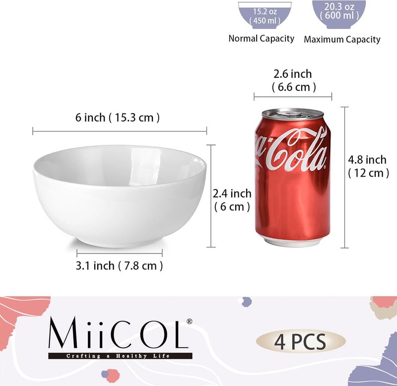 Miicol White Cereal Bowls 20 oz / 600ml, Ceramic Soup Bowls Set of 4, Breakfast Bowl 6 inch / 15cm, Kitchen Bowl for Pasta, Salad, Ramen, Oatmeal, Microwave and Dishwasher Safe - Image 3
