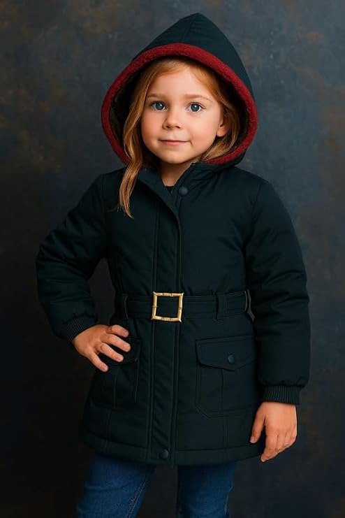 Krystle Girls’ Hooded Winter Jacket – Warm Quilted Puffer Coat with Belt, Water-Resistant Outerwear for Cold Weather (Dark Green,7-8 Years) (Cool Dezine) - Image 2