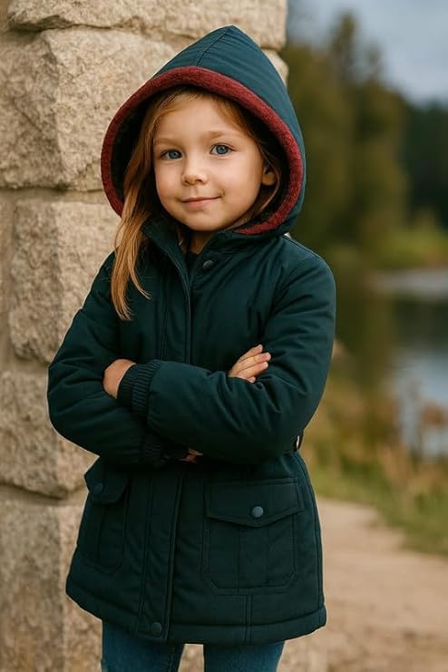 Krystle Girls’ Hooded Winter Jacket – Warm Quilted Puffer Coat with Belt, Water-Resistant Outerwear for Cold Weather (Dark Green,7-8 Years) (Cool Dezine) - Image 3