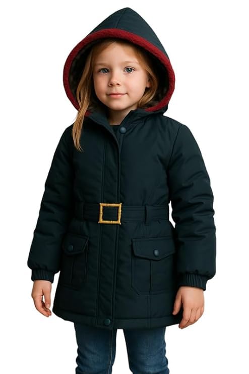 Krystle Girls’ Hooded Winter Jacket – Warm Quilted Puffer Coat with Belt, Water-Resistant Outerwear for Cold Weather (Dark Green,7-8 Years) (Cool Dezine) - Image 1