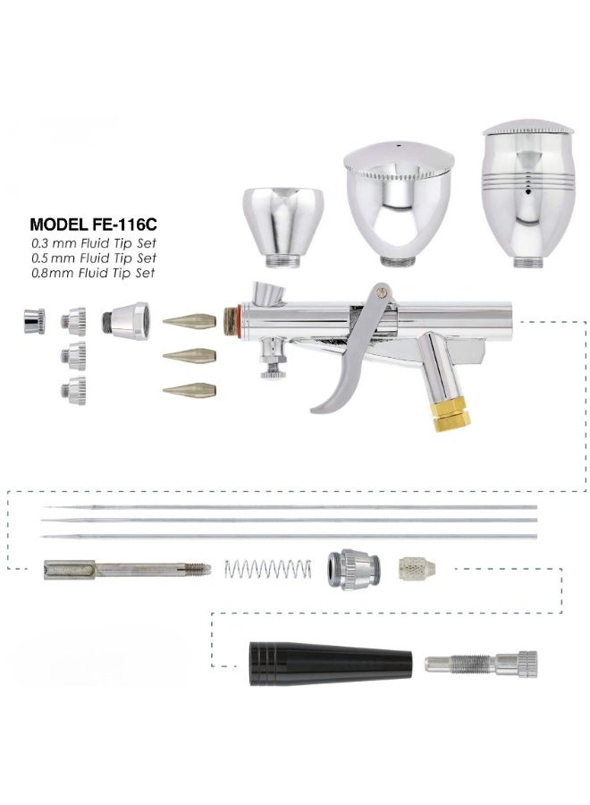 فينجدا طقم إيربرش Fengda Elite 0.3, 0.5 & 0.8mm جرافيتي فيد، مسدس مزدوج الحركة، مع 3 كوبايات قابلة للتبديل، فونيات وإبرة، وخراطيم هواء مضفر 2 متر (FE-116C) - Image 3