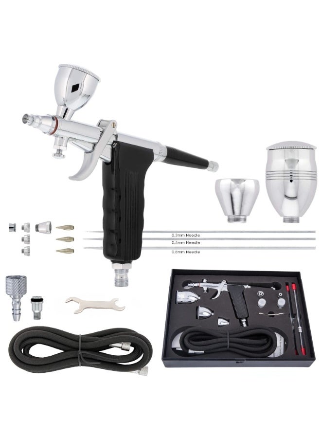 فينجدا طقم إيربرش Fengda Elite 0.3, 0.5 & 0.8mm جرافيتي فيد، مسدس مزدوج الحركة، مع 3 كوبايات قابلة للتبديل، فونيات وإبرة، وخراطيم هواء مضفر 2 متر (FE-116C) - Image 1