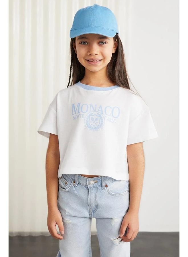 GRIMELANGE BITTEN Girl 100% Cotton Printed Contrast Collar Short Sleeve Blue T-Shirt