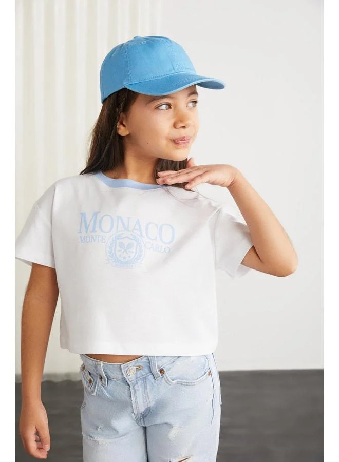 GRIMELANGE BITTEN Girl 100% Cotton Printed Contrast Collar Short Sleeve Blue T-Shirt