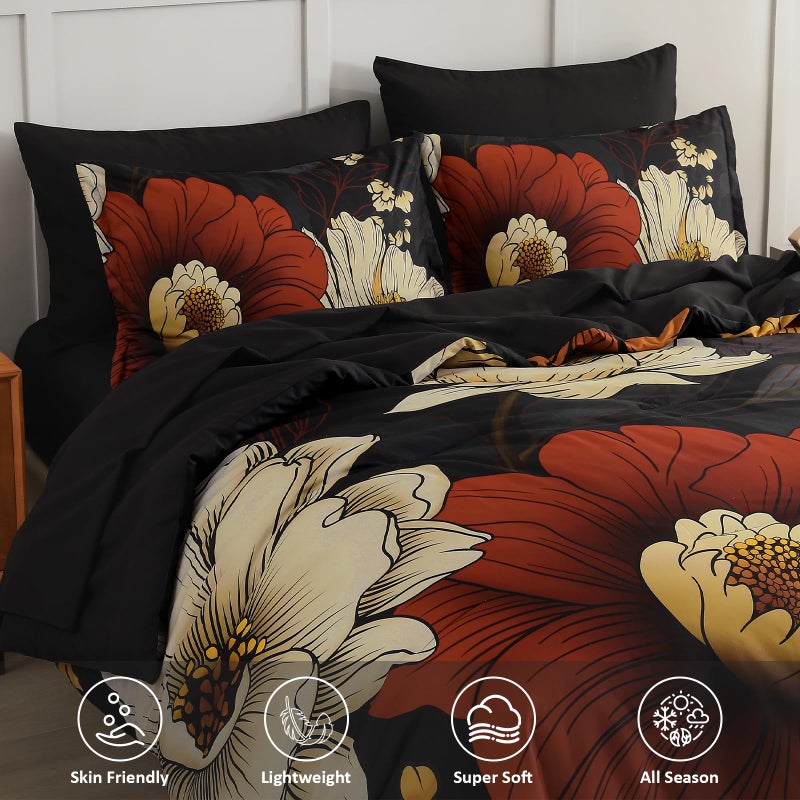Xruibed Black Floral Comforter Set Queen Size 7 Pieces Bed in a Bag Flower Bedding Sets Lightweight Boho Bed Set with Sheet,Pillowcases&Shams for All Season - Image 3