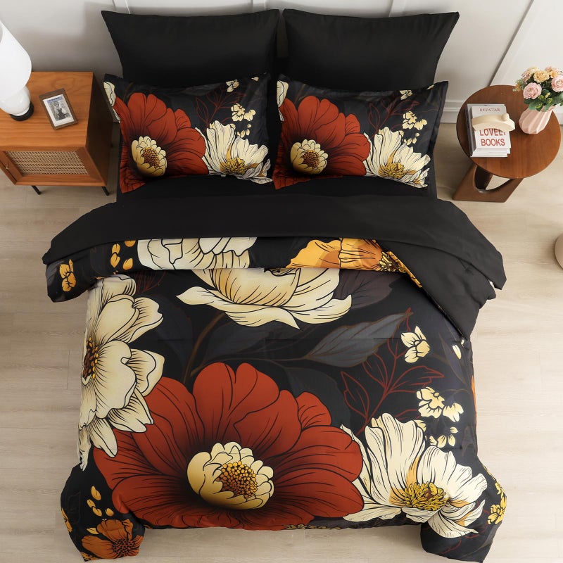 Xruibed Black Floral Comforter Set Queen Size 7 Pieces Bed in a Bag Flower Bedding Sets Lightweight Boho Bed Set with Sheet,Pillowcases&Shams for All Season - Image 4